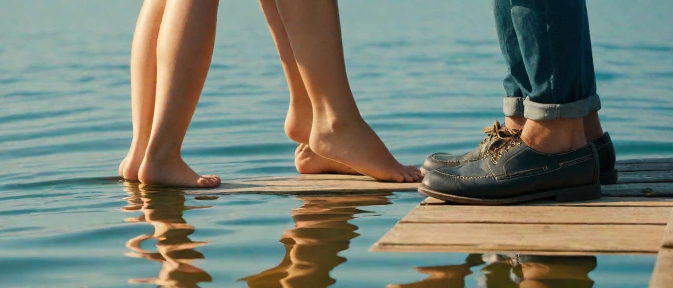  macro photography, a couple sitting on the edge of a dock, feet dangling in the water, symbolizing a life of financial freedom, close up, macro 100mm, macro photography