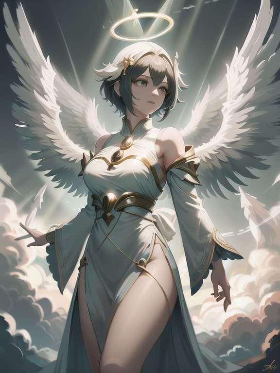  master piece, best quality, ultra detailed, highres, 4k.8k, female with black short hair, posing as a deity, serene, break divine figure, celestial realm, feathered wings, celestial staff, glowing halo, break ethereal, soft glowing light, gentle breeze, angelicai