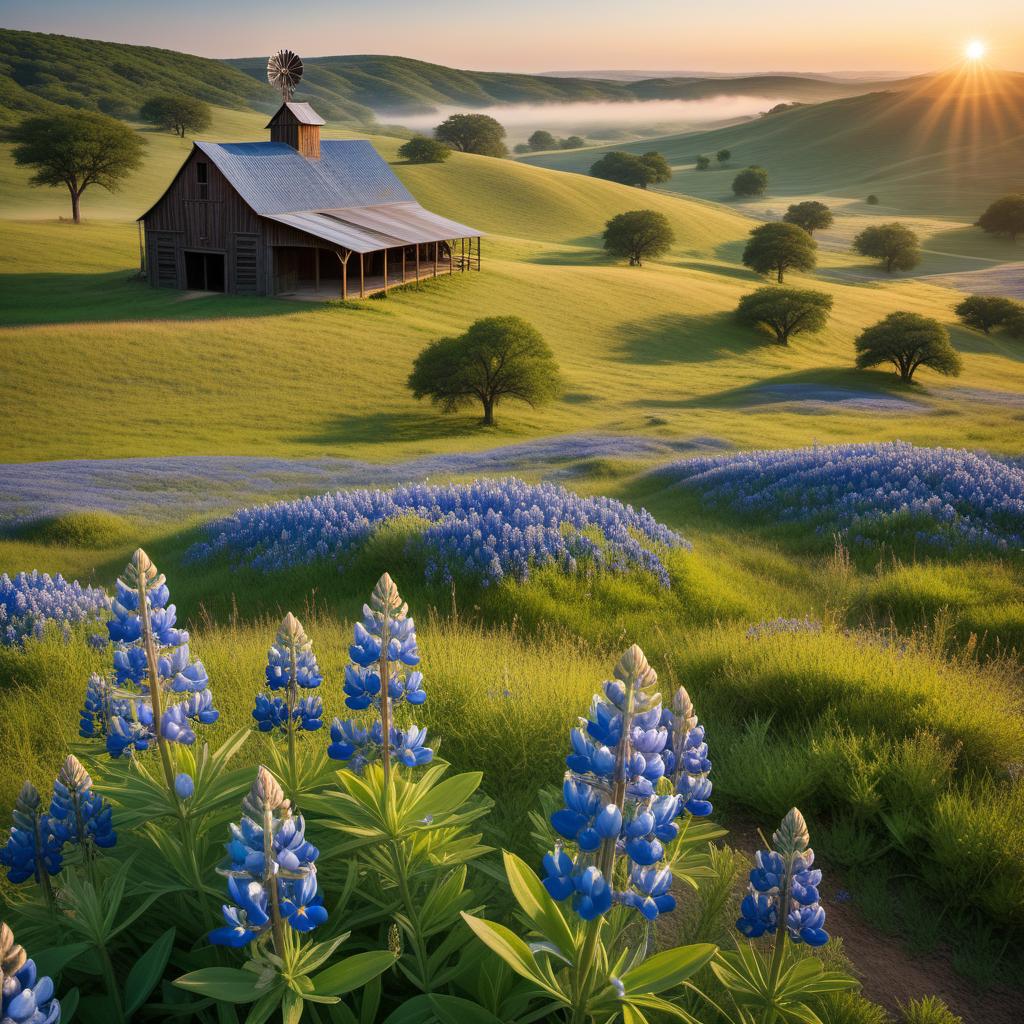  A scenic view of Texas, showcasing its vast landscapes. The image features the iconic Texas bluebonnet flowers in the foreground, with a backdrop of rolling hills and a bright blue sky. In the distance, you can see a rustic barn and windmill, typical of the Texas countryside. The sun is setting, casting a golden hue over the scene, emphasizing the beauty of the Texas landscape. hyperrealistic, full body, detailed clothing, highly detailed, cinematic lighting, stunningly beautiful, intricate, sharp focus, f/1. 8, 85mm, (centered image composition), (professionally color graded), ((bright soft diffused light)), volumetric fog, trending on instagram, trending on tumblr, HDR 4K, 8K