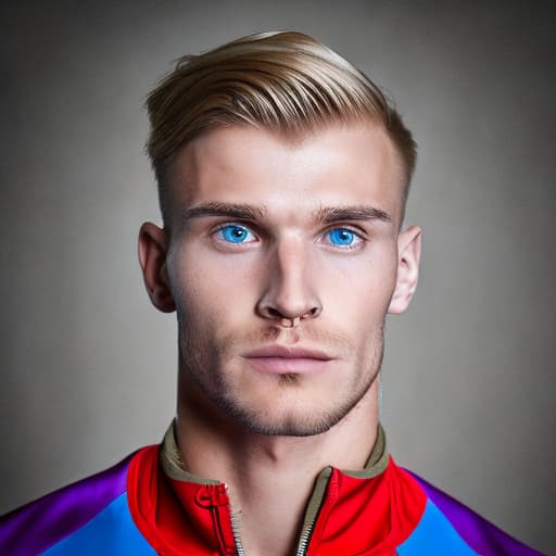 portrait+ style USSR queer fitness trainer blonde hunk dude face