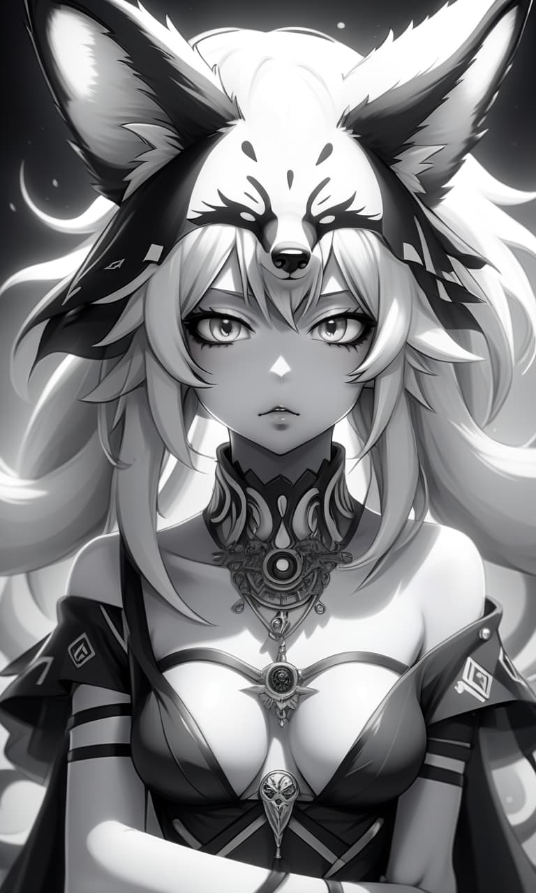  anime artwork anthropomorphic fox goddess of death black and white . anime style, key visual, vibrant, studio anime, highly detailed