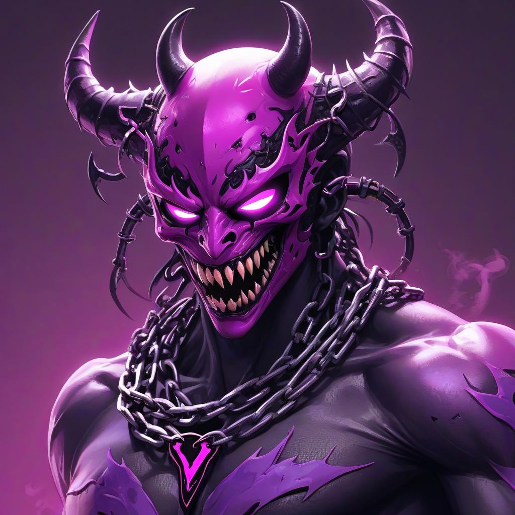  a purple demon mask with chains around it, concept art, by daarken, bright fuchsia skin, venom symbiote, skin on the gaming pc, add a glow around subj. edge