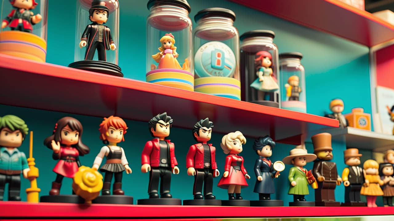  a vibrant display of intricate anime figures on a polished shelf, with soft lighting highlighting their details, surrounded by price tags and vintage collectibles, evoking a sense of nostalgia and rising market value. hyperrealistic, full body, detailed clothing, highly detailed, cinematic lighting, stunningly beautiful, intricate, sharp focus, f/1. 8, 85mm, (centered image composition), (professionally color graded), ((bright soft diffused light)), volumetric fog, trending on instagram, trending on tumblr, HDR 4K, 8K