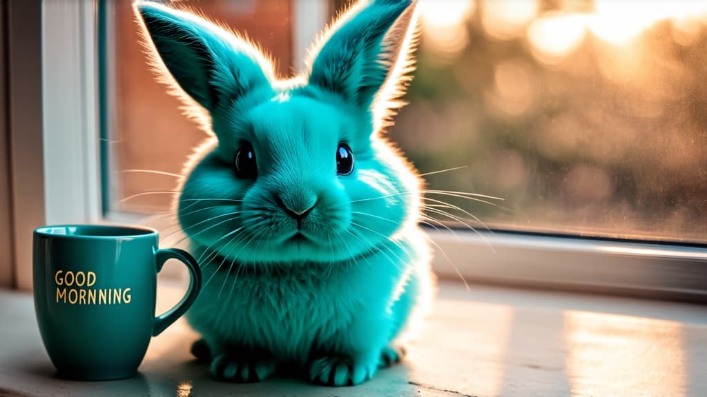  close up of a fluffy bunny with a coffee mug, on the window sill, photo, very cute, turqouise, wallpaper, good morning, rays of morning sun, fully covered, incredibly beautiful postcard ar 16:9 {prompt}, maximum details