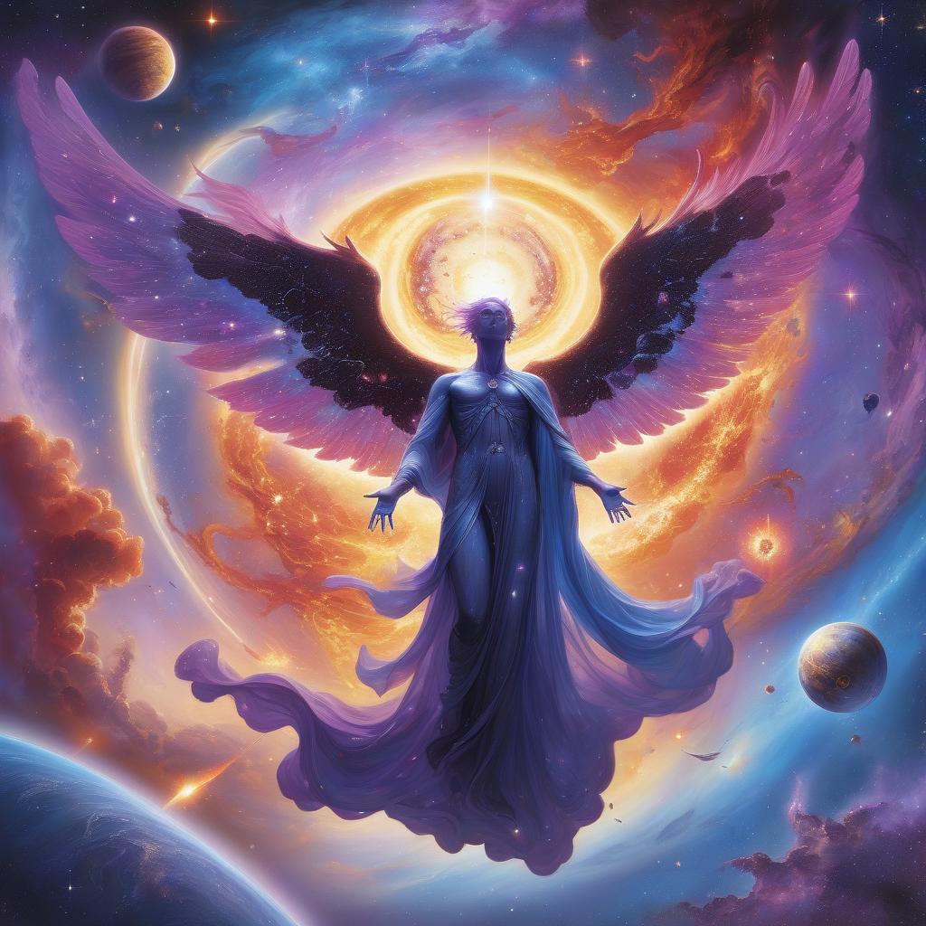  a celestial figure rising above a planet, engulfed in flames of light with outstretched wings, surrounded by swirling galaxies, distant planets, and vibrant nebulas. the space environment glows in shades of blue, purple, and deep black, contrasted by warm yellows and reds radiating from the central figure.