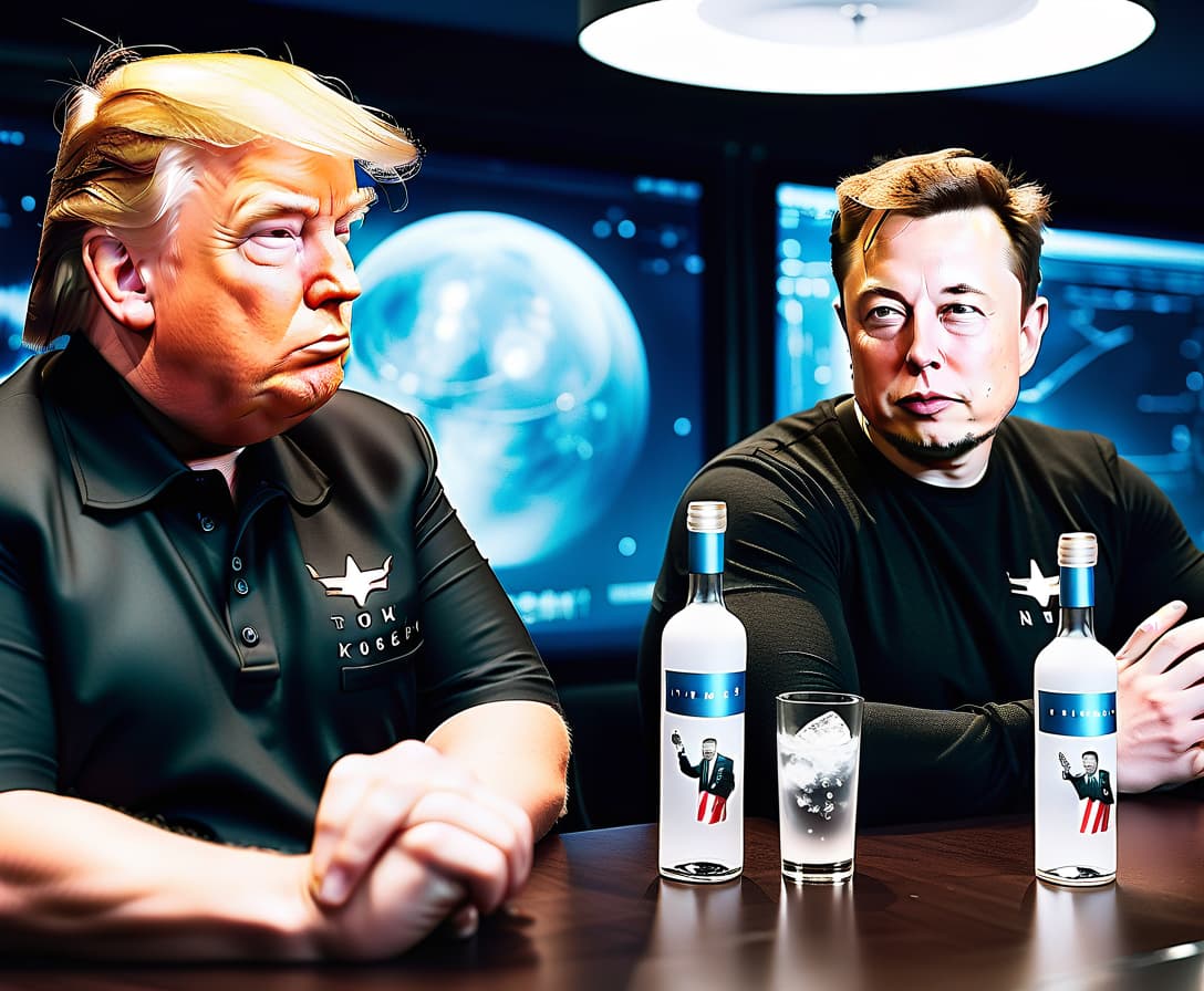  cinematic photo make an image where strictly two people are sitting: president donald trump on the left and elon musk on the right. they drink vodka, there is only one bottle on the table. all this in the russian kitchen in t shirts without drawings against the background of the logo of the social network elon musk “x”. make their faces real and their eyes real, let them look at each other. . 35mm photograph, film, bokeh, professional, 4k, highly detailed