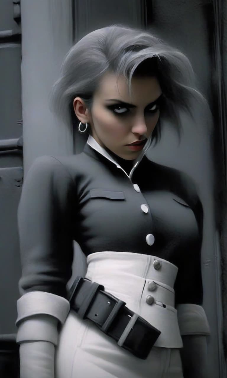  macabre style scarlett johansson in the form of a slim thief fighter with white and black straight hair, in long white leather skirts, in plate shoulder pads and handcuffs. full height. in a dark room with wide dark gray columns in spots. . dark, gothic, grim, haunting, highly detailed, perfecteyes, perfect hands