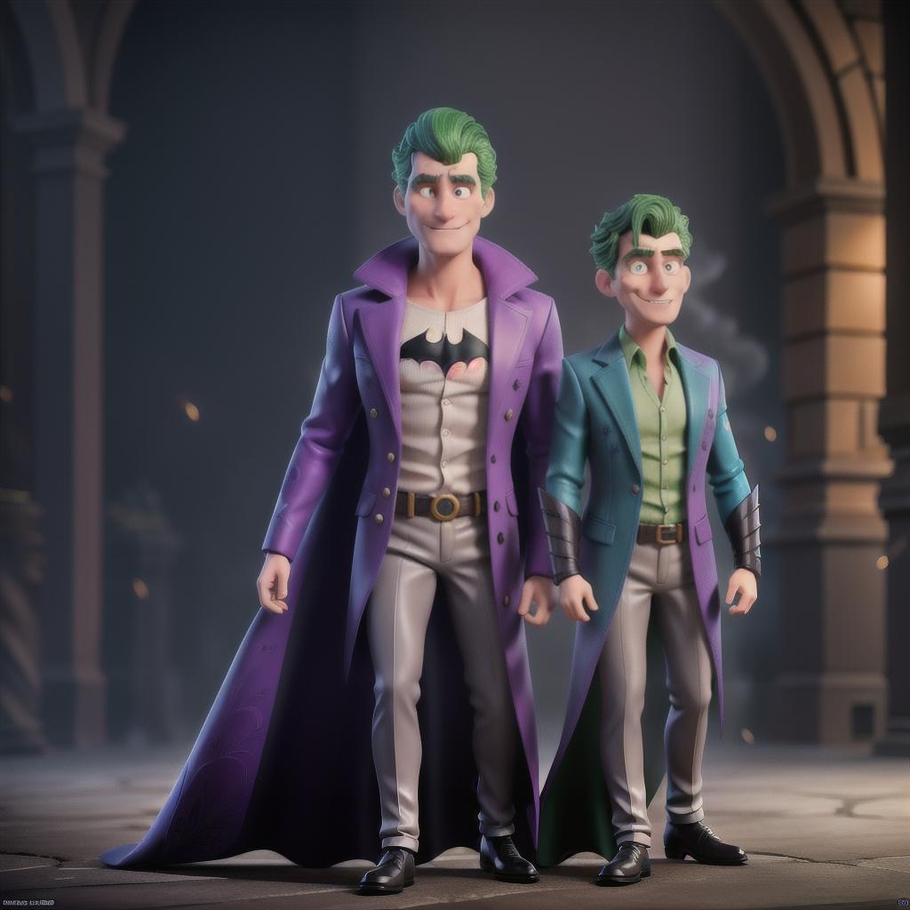  batman and the joker, colorful, détails hyperrealistic, full body, detailed clothing, highly detailed, cinematic lighting, stunningly beautiful, intricate, sharp focus, f/1. 8, 85mm, (centered image composition), (professionally color graded), ((bright soft diffused light)), volumetric fog, trending on instagram, trending on tumblr, HDR 4K, 8K