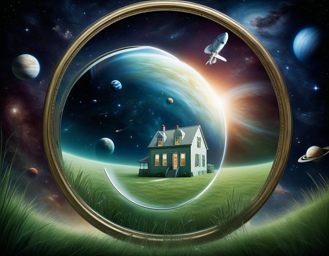  space themed a mirror , on one side is space and an astronaut , on the other side of the mirror is a house and the grass is green . cosmic, celestial, stars, galaxies, nebulas, planets, science fiction, highly detailed