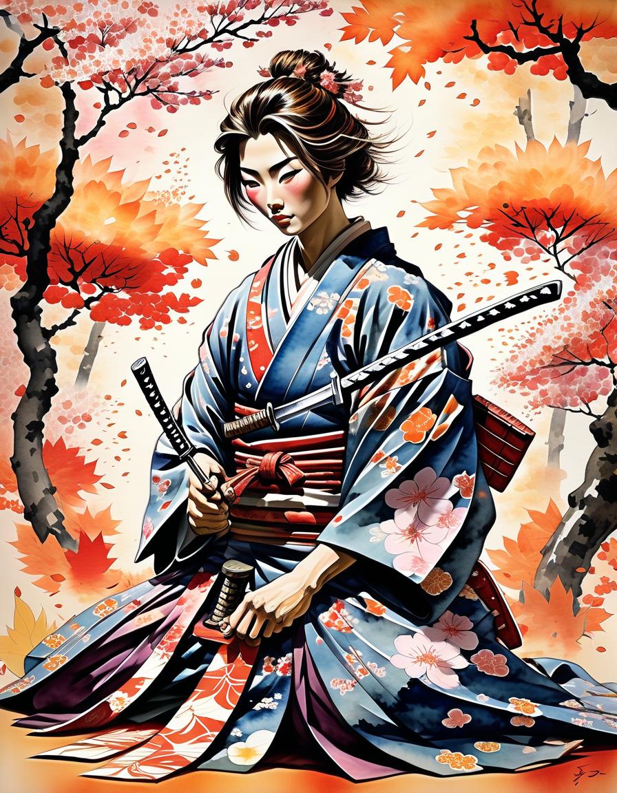  watercolor painting masterpiece. ancient japanese print.(samurai, with a katana at his belt, down on one knee giving a cherry blossom to a beloved in a beautiful kimono, around a whirlwind of autumn leaves:1.5). the style of ancient japanese prints . vibrant, beautiful, painterly, detailed, textural, artistic, perfecteyes