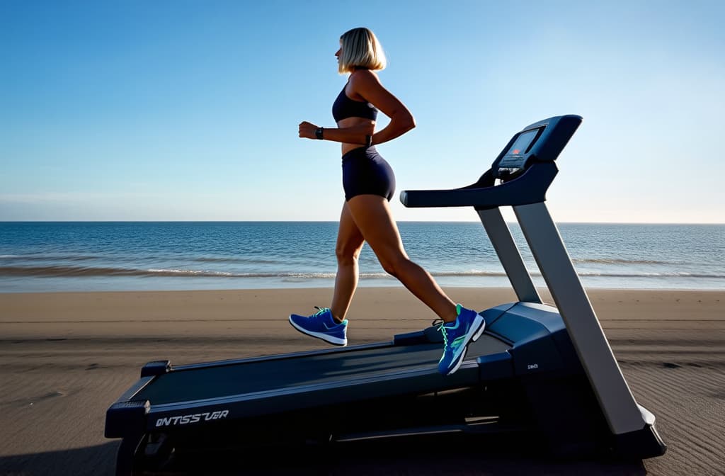  fair skinned woman with light bob hair runs along the sea on a treadmill in the morning at dawn on a deserted beach in blue sneakers ar 3:2 {prompt}, maximum details