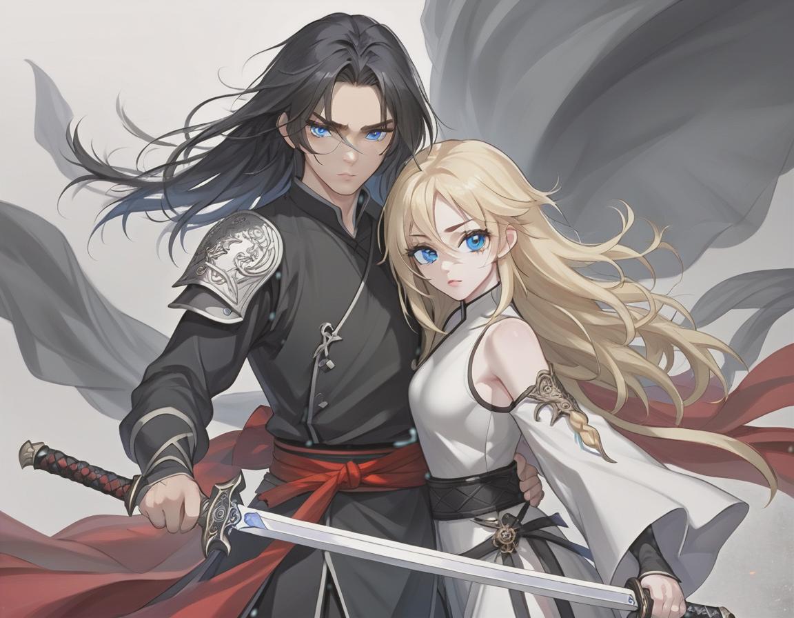  breathtaking realistic photo, two people, a character from the novel “system save yourself for the main hero”, lo binghe, a young man in black with an unassuming long sword behind his back. long black hair to the waist, red eyes, demonic mark on the forehead, next to him a girl blonde, blonde hair to the shoulder blades, european type of face, light skin, blue eyes, plump lips, a small tummy at the bottom of the waist, . award winning, professional, highly detailed