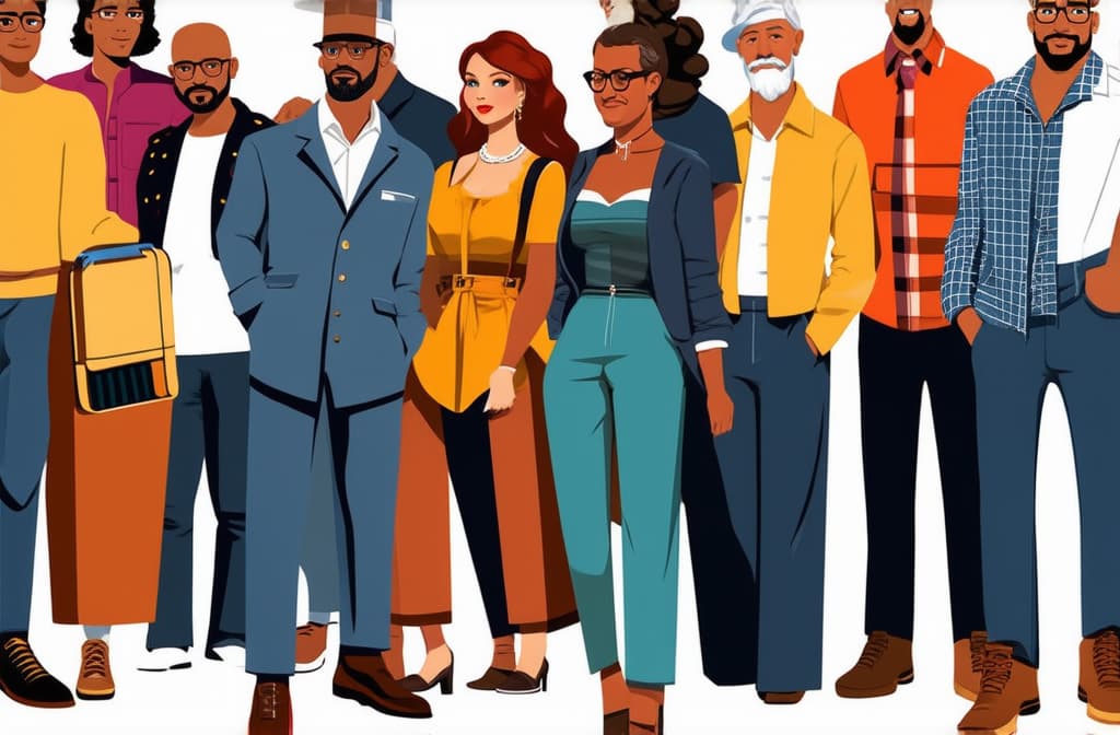  crowd of young and old men and women in trendy hipster clothes. diverse group of stylish people standing together. society or population, social diversity. flat cartoon vector illustration. ar 3:2 {prompt}, maximum details