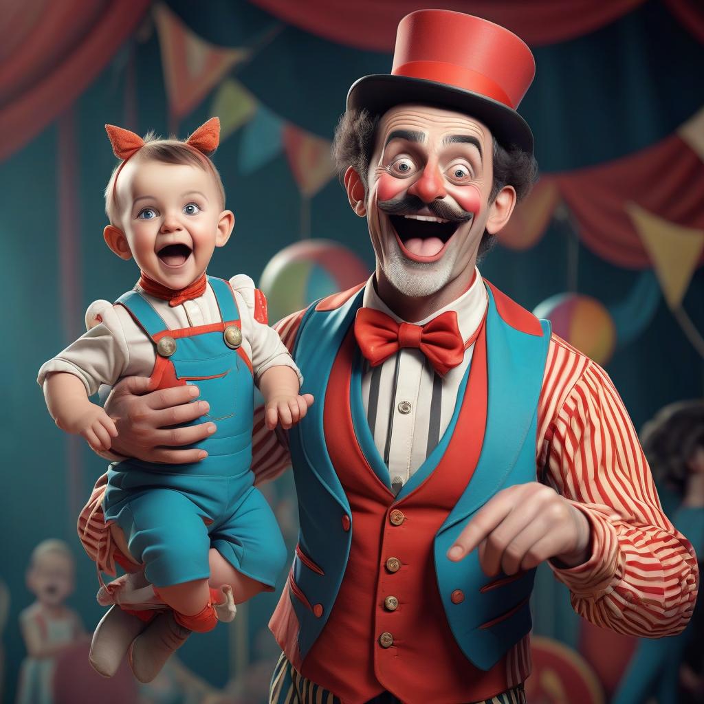  a circus man who is musical, funny, friendly with children. the clothes are bright, with large pockets.