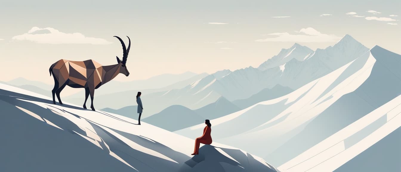  minimalism, a girl and an ibex are looking to each other in the mountains, abstract, simple geometic shapes, hard edges, sleek contours, minimalism