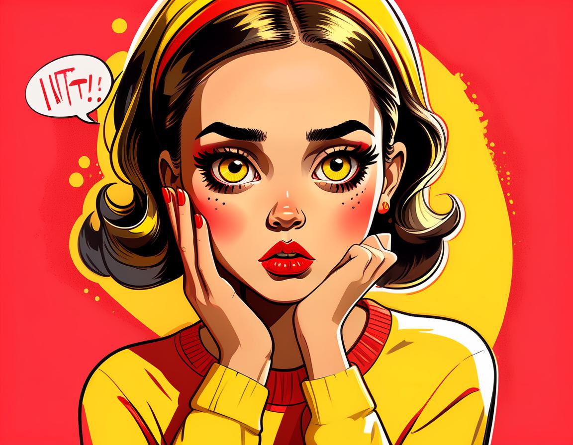  pop art style the girl has a thoughtful surprised face, she stands on a red background in yellow clothes, girl illustration sketch sketch . bright colors, bold outlines, popular culture themes, ironic or kitsch, sticker