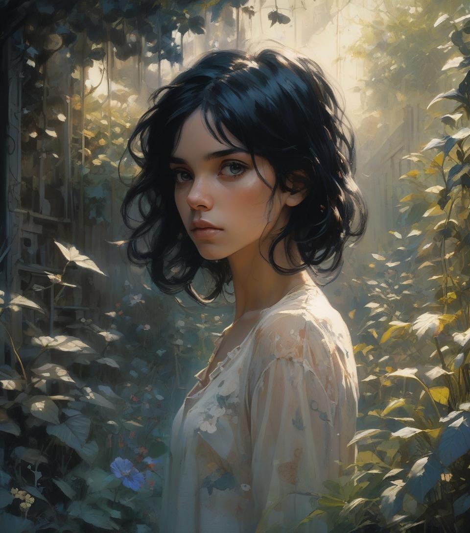  complex background, dramatic light,portrait of a girl , garden, beautiful and young, black hair , cute, delicate face, stunning, cinematic, by melanie delon, rebecca sugar, frank frazetta, carne griffiths