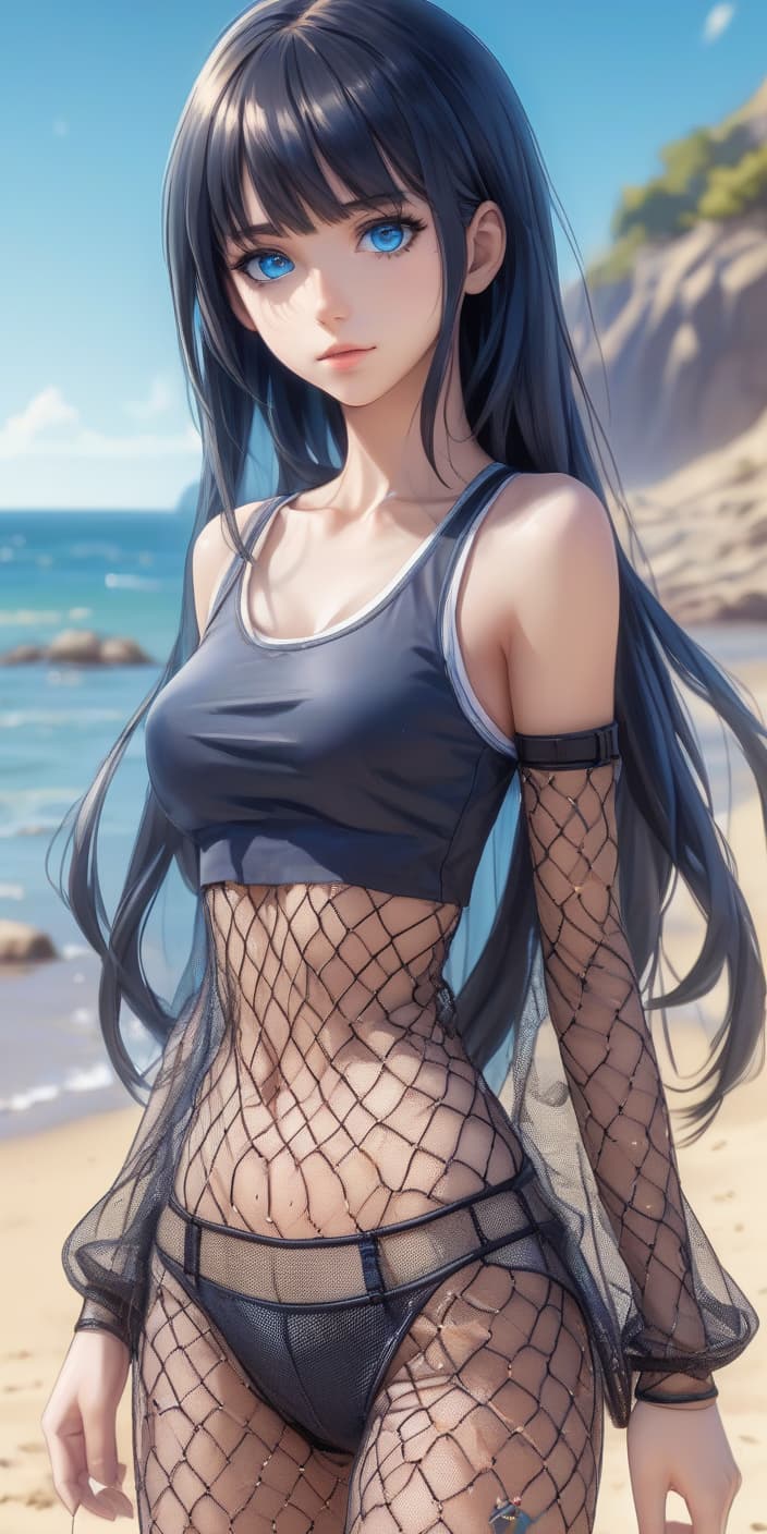  hdr photo of girl. s. full height. thin waist. thin lips. straight thin nose. chin. blue eyes. black straight hair. light skin. on the beach. anime style, girl in outfit, mesh clothes. mesh . high dynamic range, vivid, rich details, clear shadows and highlights, realistic, intense, enhanced contrast, highly detailed