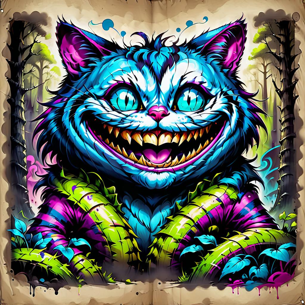  graffiti style cheshire cat smiles, gloomy forest in background . street art, vibrant, urban, detailed, tag, mural, t shirt design, on parchment