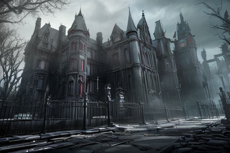 redshift style Arkham Asylum* Create a street view image of Arkham Asylum's entrance, showcasing its imposing gothic architecture, iron gates, and eerie atmosphere.