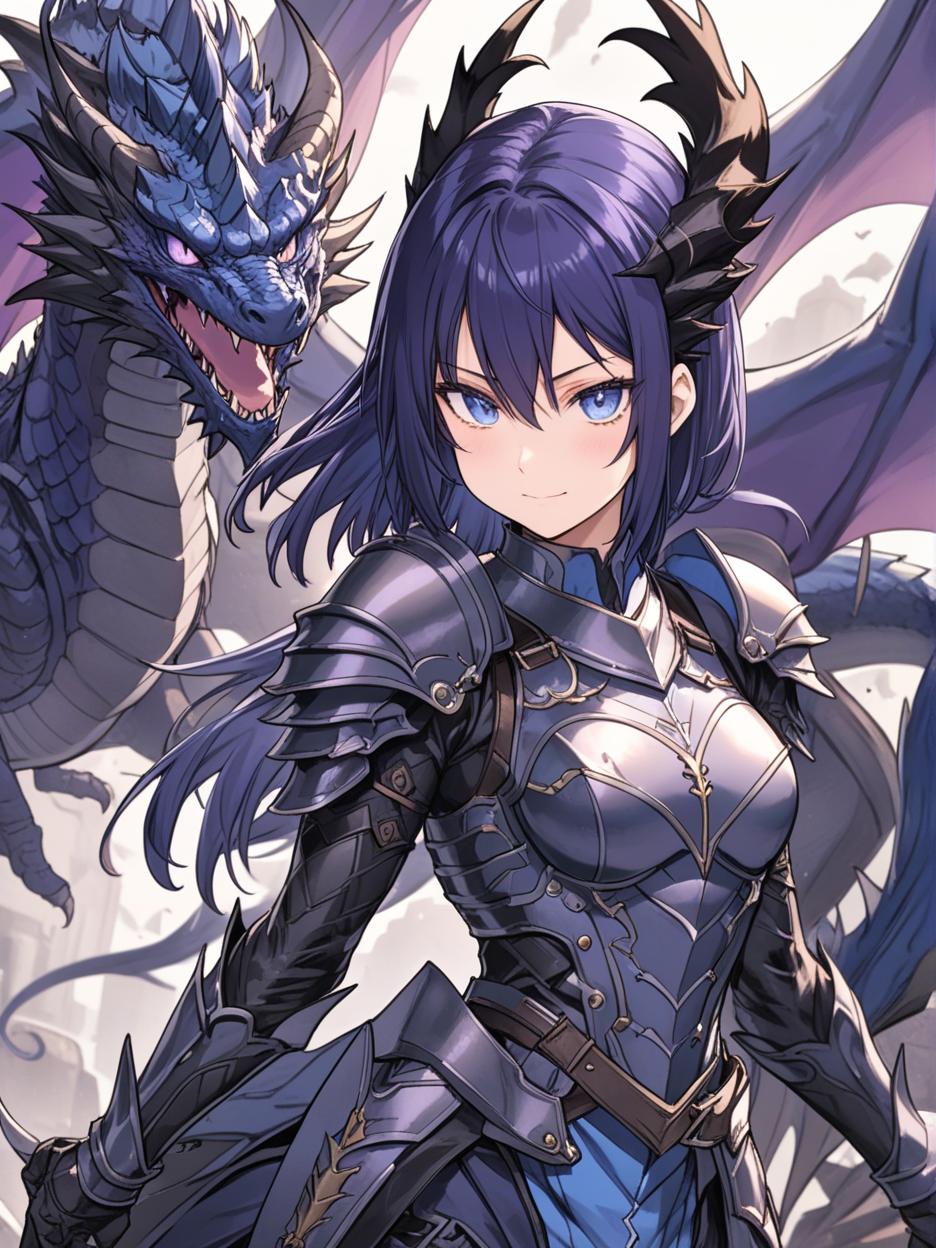  manga artwork an anime photo of a half human, half dragon warrior, she has very dark purple hair, a pleasant smile, very beautiful blue eyes, a grayer skin, a light black knight armor, broken black wings, and, hands with dragon claws mixed with the armor, a long dragon tail, and other details of her dragon form mixed with her human appearance, she has a more adult and very strong body, with a slender build. manga artist. manga, highly emotional. best quality, high resolution