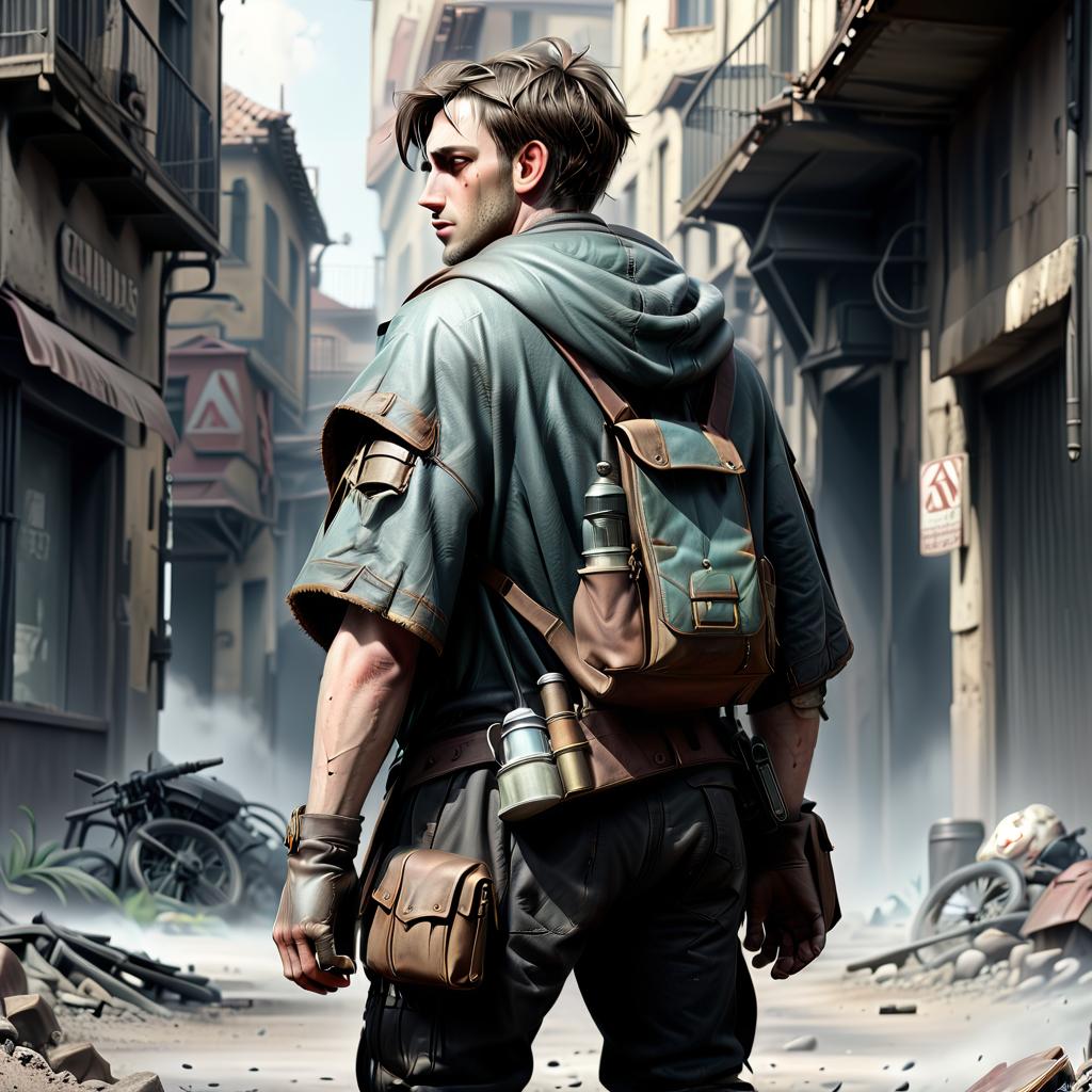  dystopian style alchemist, rags and leather cloak with lots of pockets, large back pack with pockets, tourist bag, bomb in hand . bleak, post apocalyptic, somber, dramatic, highly detailed, civitai