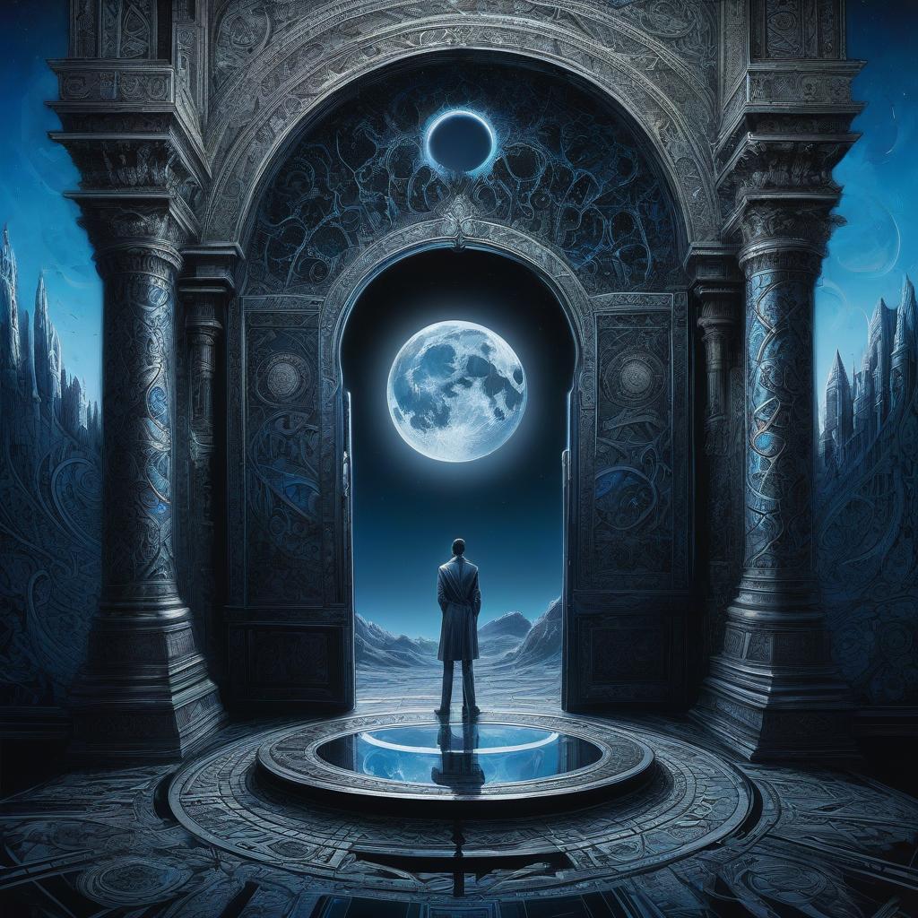  judge on the throne. black dungeon. moon. moonlight. big moon. silver rays. (portal: 1,5). portal room. (mirrors: 1.5). (mirror in wall: 1.5). mirror shows blue sky, field, sunlight. another world. double exposure. detailed, detailed drawing. stylistics: intricate zentangle patterns in the manner of karol bak, rahaf dk albab, andrew jones. bright colors. high quality and detail. hdr. masterpiece. double exposure.