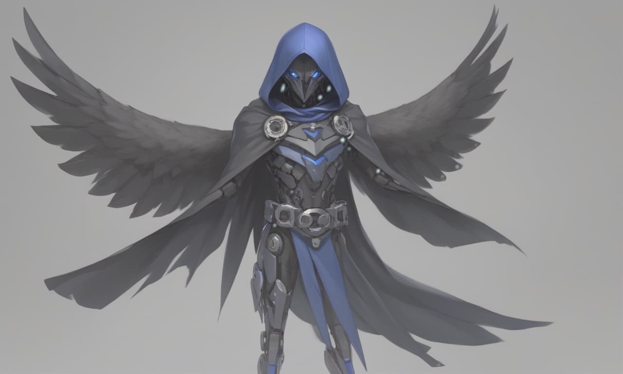  robotic human crow, human complication, crow's head, made in dark blue and black, it has a cape with a hood, on the belt there is a pair of three kunai