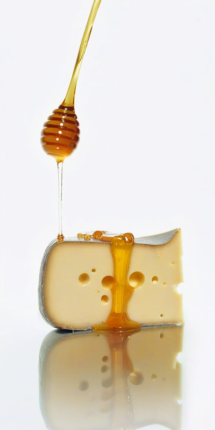  cheese watered with honey, beautiful reflection, film photography style