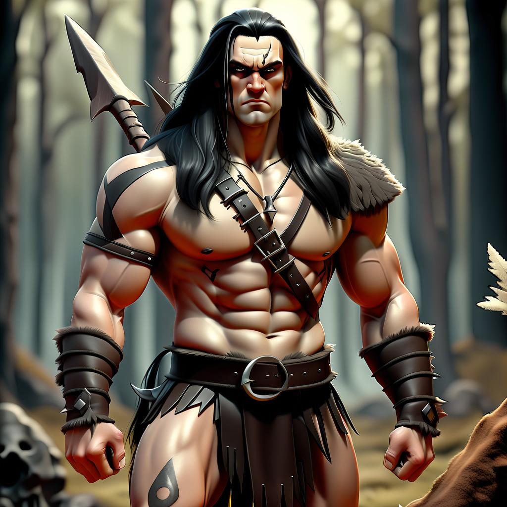  barbarian, young man, leather clothes, long black hair, thin, spear, full body, forest background