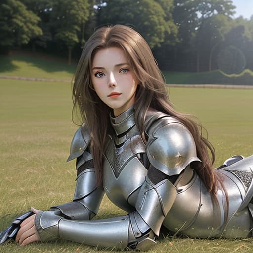  a photo of an attractive young woman in shiny silver knight armor, with long brown hair and light makeup, posing for the camera on grassy field near castle, sunny day