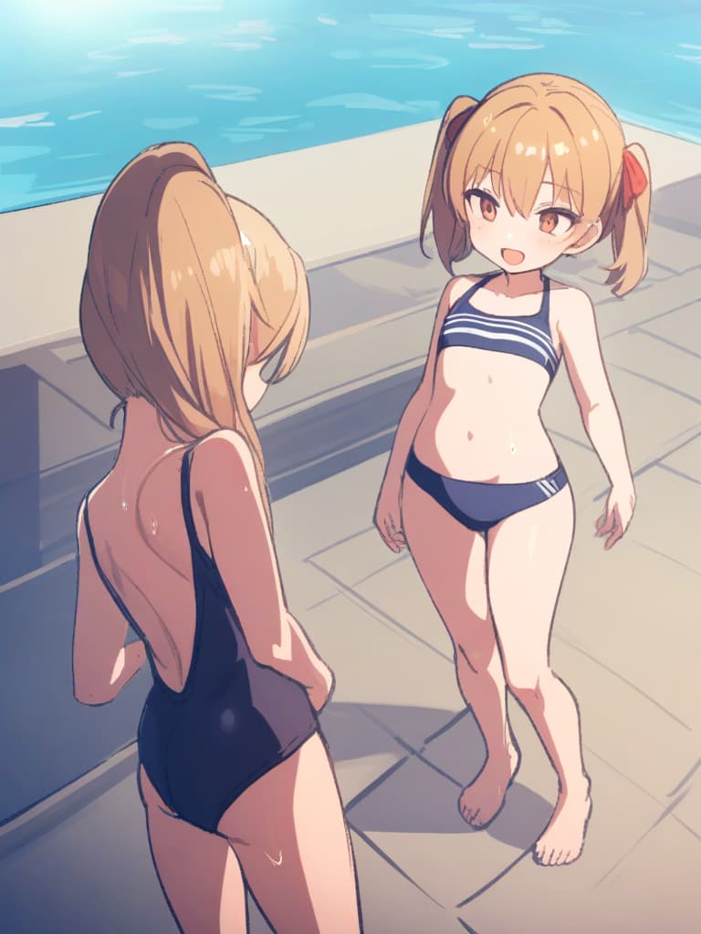  women's elementary students (with male), twin tails, cute smiles, rich s, low stature, dark blue swimwear, old swimwear, , simple, , area, (swelling), male (bulging), front, whole body , poolside,