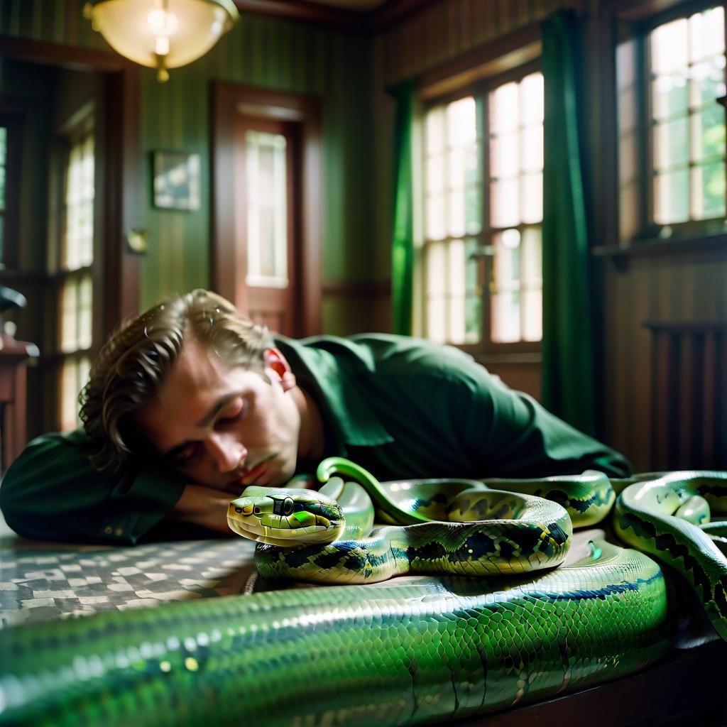  cinematic photo a spacious house at the end of which a young mobster sleeps and whose body is wrapped around by a green snake . 35mm photograph, film, bokeh, professional, 4k, highly detailed, film photography style