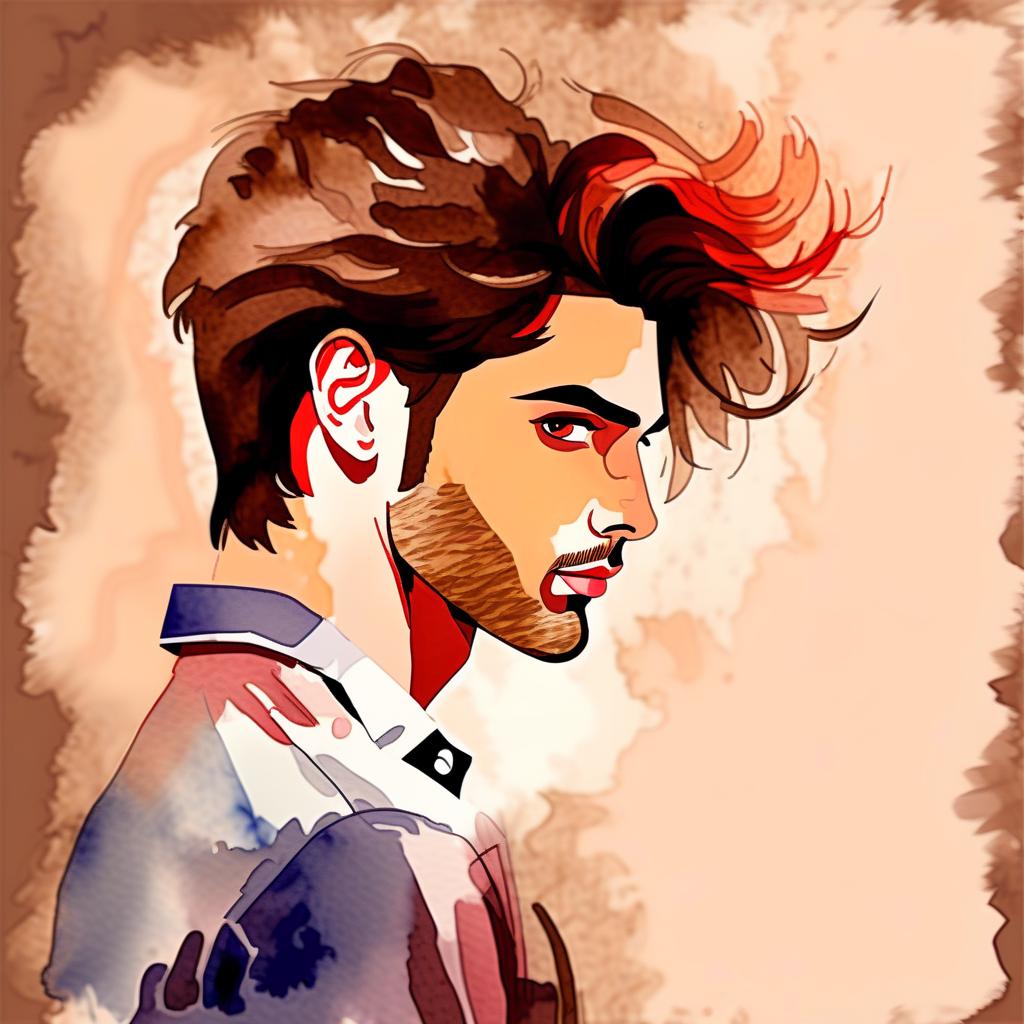  watercolor painting handsome guy, in a shirt, model, beautiful hairstyle, waist length, on a dark brown background . vibrant, beautiful, painterly, detailed, textural, artistic