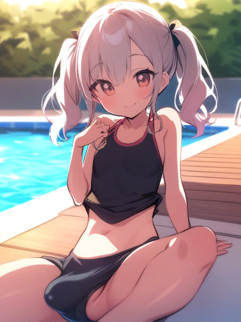  junior s, twin tails, cute smiles, swimwear, swimwear, s with , (shaped clear , bulge, phimosis), flirt, whole body, pool side,