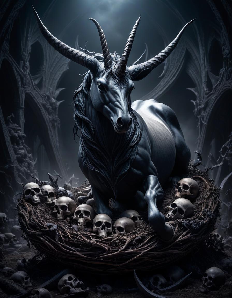  (dark magic), (grim), the baphomet unicorn, (intricate details), (hyperdetailed), 8k hdr, high detailed, lot of details, high quality, soft cinematic light, dramatic atmosphere, atmospheric perspective, standing on a nest of bones and skulls, look of disapproval, flesh hanging off its beak, pissed off look