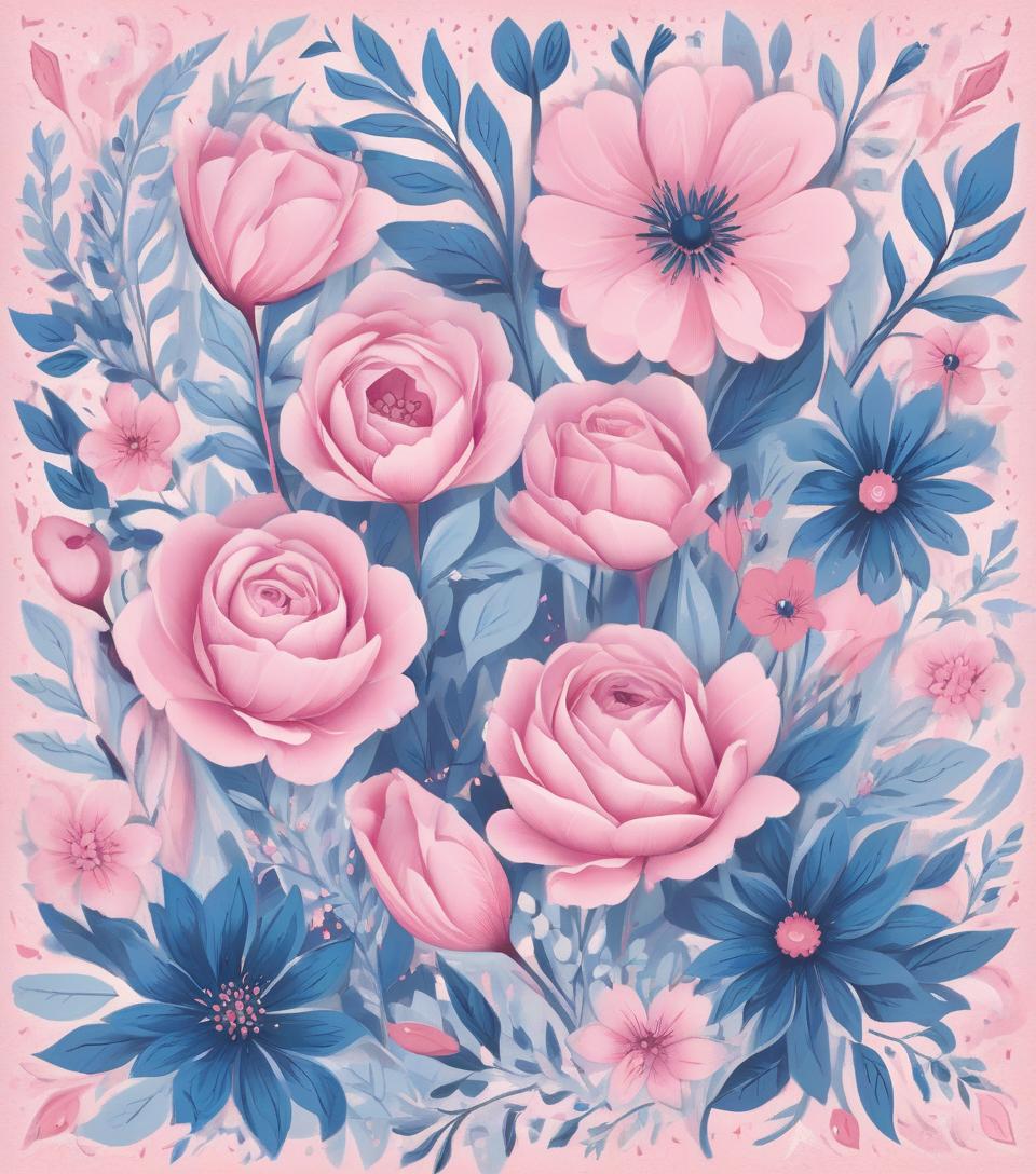  valentine's day card, pink and blue flowers