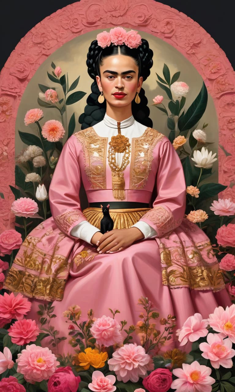  concept art color pink, white, black, gold courtroom frida kahlo holds a huge heavy weight many flowers . digital artwork, illustrative, painterly, matte painting, highly detailed, perfect hands