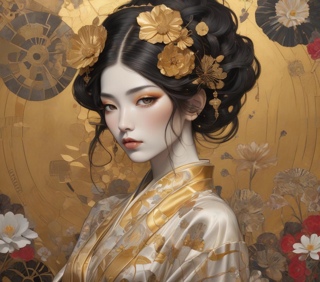  a mystical artwork with a female figure adorned with floral headpiece and golden attire, exuding an ethereal, otherworldly charm. imagine an intricately detailed image of a steampunk geisha, her vivid eyes with a dreaming look sparkle beneath long lashes. she is dressed in a gossamer silk kimono, embodying high contrast and decorative designs reminiscent of the art deco era. the portrait seamlessly integrates a mixed media collage approach for added dimension and texture. it pays homage to the flat, decorative patterns and vivid, unnatural colors championed by the symbolist movement (gustav klimt) and pre raphaelite (botticelli) artists, rendered with the depth and richness of oil painting. elements of kintsugi, using gold and oxidized cop