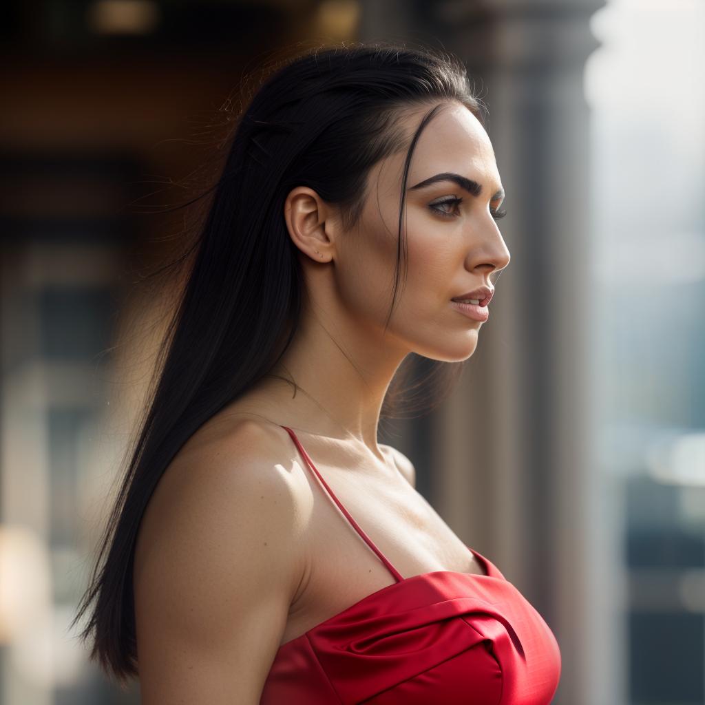  (((wearing red dress))),(((realistic full torso side view photo of a light beige to medium tan skin tone woman))), bella katherine peters, ((caucasian heritage)), immature face, blue eye color, (straight hair style), ((black hair color)), (( body type)), flat size, small size, (immature straight narrow nose), (immature high cheekbones), (immature smooth jawline), (immature full lips), (immature wide forehead), (immature even eyebrows), (immature pointed chin), standing facing the camera, in background, 1, best quality, highest quality, award winning photo, masterpiece, raw, professional photography, photorealism, sharp focus, cinematic, high resolution, sharp, sharp image, 4k, 8k, 35 mm, visual storyte hyperrealistic, full body, detailed clothing, highly detailed, cinematic lighting, stunningly beautiful, intricate, sharp focus, f/1. 8, 85mm, (centered image composition), (professionally color graded), ((bright soft diffused light)), volumetric fog, trending on instagram, trending on tumblr, HDR 4K, 8K