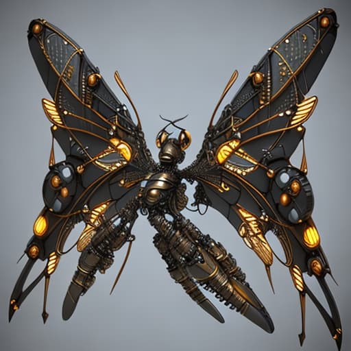  Steampunk cybernetic biomechanical hornet with wings, 3 d model, very coherent symmetrical artwork