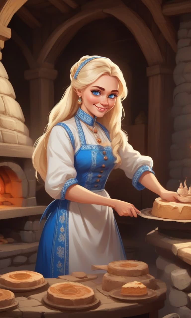  masterpiece, the best quality, a russian woman in traditional clothes prepares cakes in a stone oven, a very light smile, tense, piercing eyes, blue eyes, flowing blond hair, dressed in a traditional russian outfit, cooks in the open air, inside a wooden castle, against the background of an ancient russian throne room in a wooden castle, cartoon style, cute,