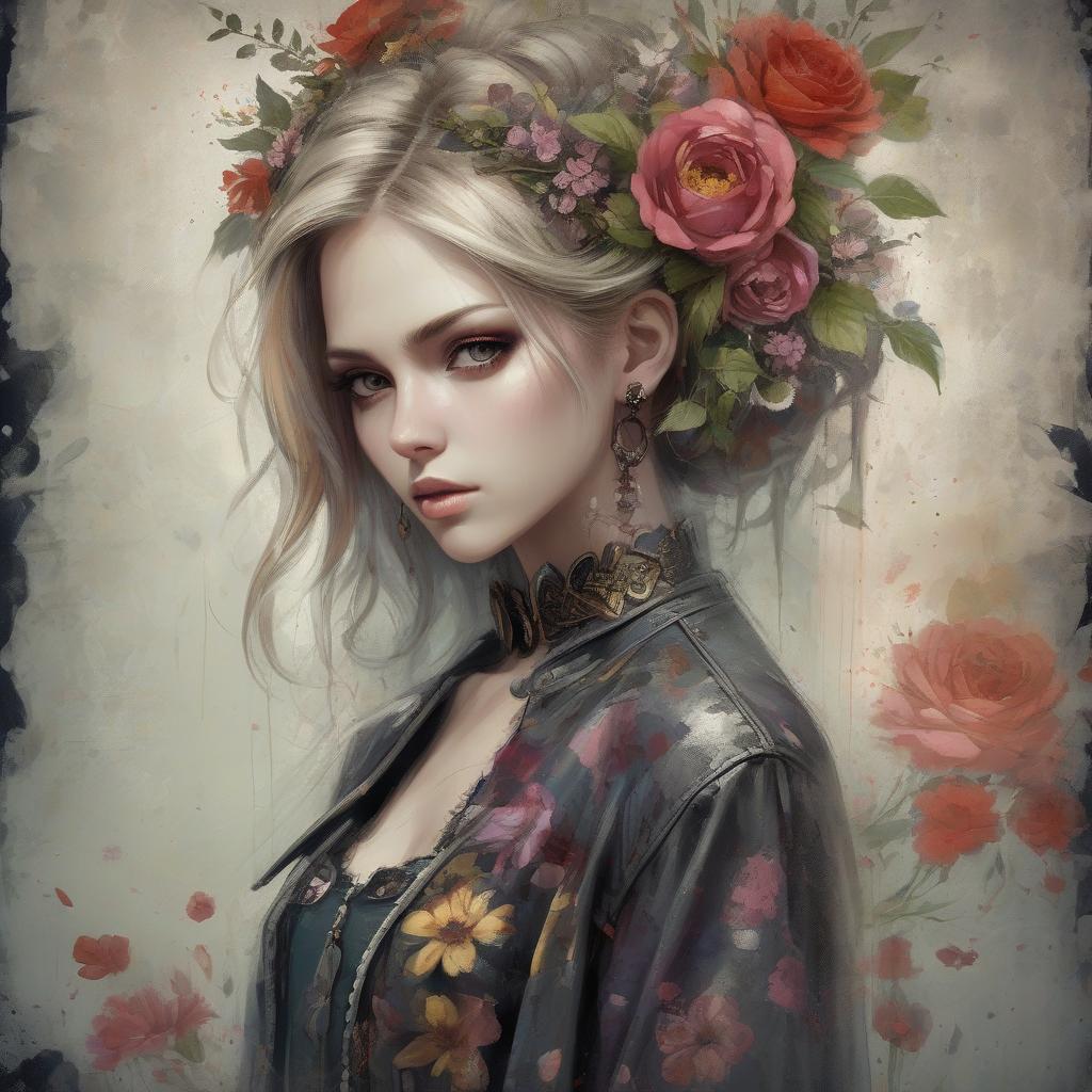  grunge style q, 7, ♥, e, there is a woman with flowers in her hair and a dress, beautiful gorgeous digital art, beautiful fantasy art portrait, beautiful digital art, beautiful digital artwork, very beautiful digital art, beautiful fantasy portrait, beautiful feminine face, beautiful art uhd 8 k, gorgeous digital art, beautiful digital painting, beautiful fantasy maiden, karol bak uhd, beautiful art, beautiful painting, by ank . textured, distressed, vintage, edgy, punk rock vibe, dirty, noisy