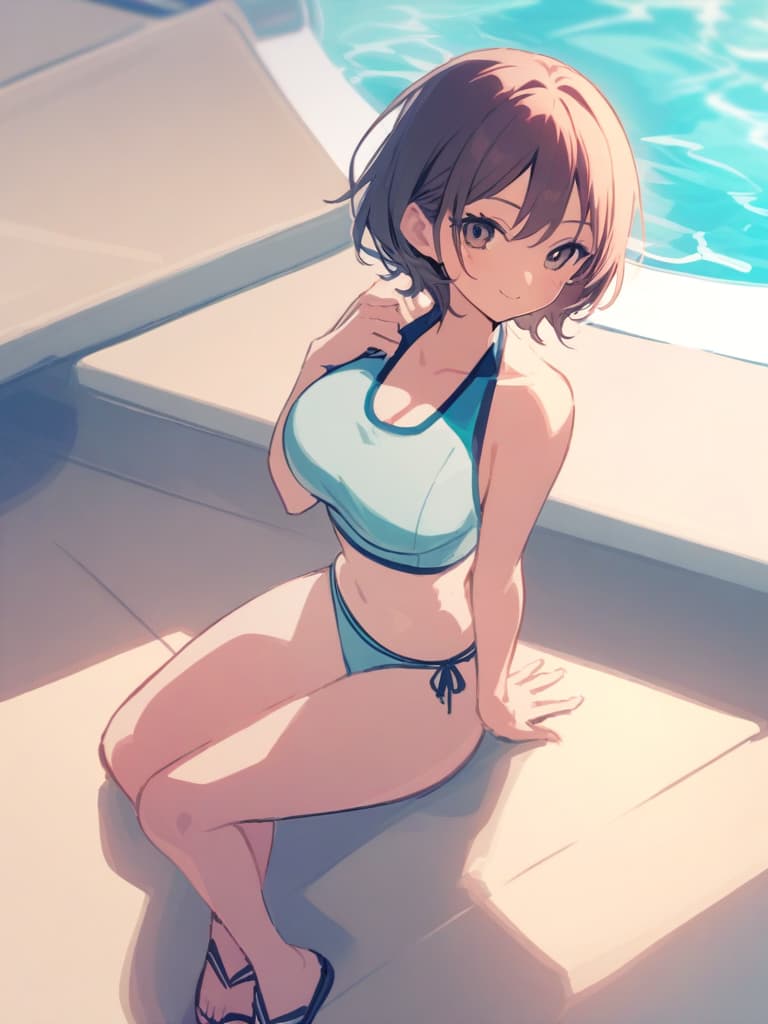  s, short hair, cute smile, swimwear (water dressed transveses), clear, whole body, pool side,