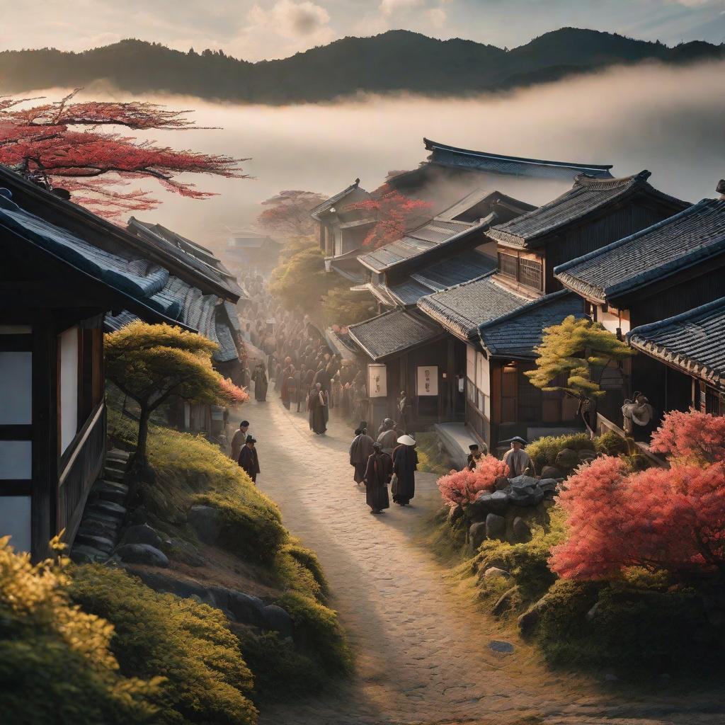  a traditional Japanese village at dawn, filled with villagers gathering together with expressions of hope and determination hyperrealistic, full body, detailed clothing, highly detailed, cinematic lighting, stunningly beautiful, intricate, sharp focus, f/1. 8, 85mm, (centered image composition), (professionally color graded), ((bright soft diffused light)), volumetric fog, trending on instagram, trending on tumblr, HDR 4K, 8K