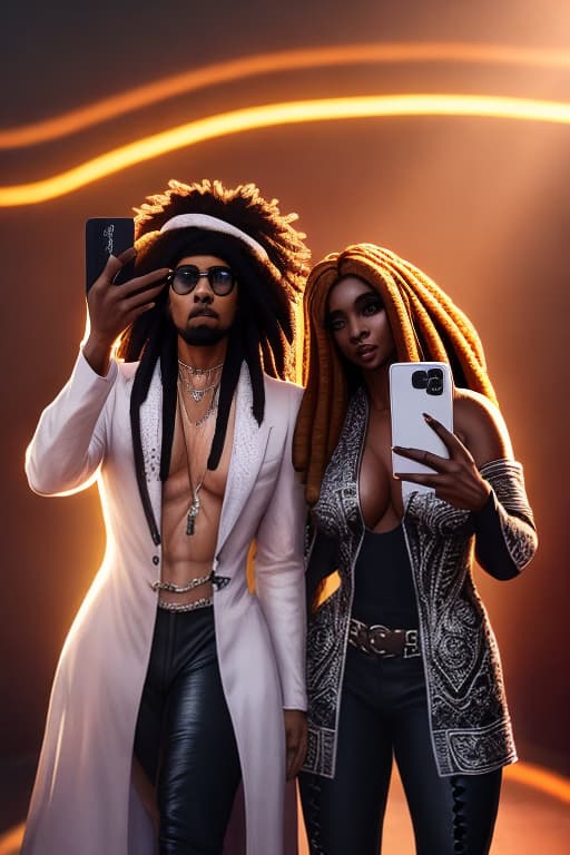 Stevie Nicks and Lenny Kravitz with dreadlocks taking a selfie together hyperrealistic, full body, detailed clothing, highly detailed, cinematic lighting, stunningly beautiful, intricate, sharp focus, f/1. 8, 85mm, (centered image composition), (professionally color graded), ((bright soft diffused light)), volumetric fog, trending on instagram, trending on tumblr, HDR 4K, 8K