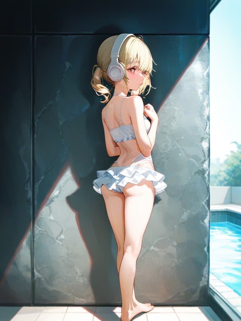  white swimwear, white headphones, blonde twin tails, pools, poses on the wall, pose to show your back, , foot, whole body, frill pareo, snake tattoo on the , masterpiece, best quality,8k,ultra detailed,high resolution,an extremely delicate and beautiful,hyper detail