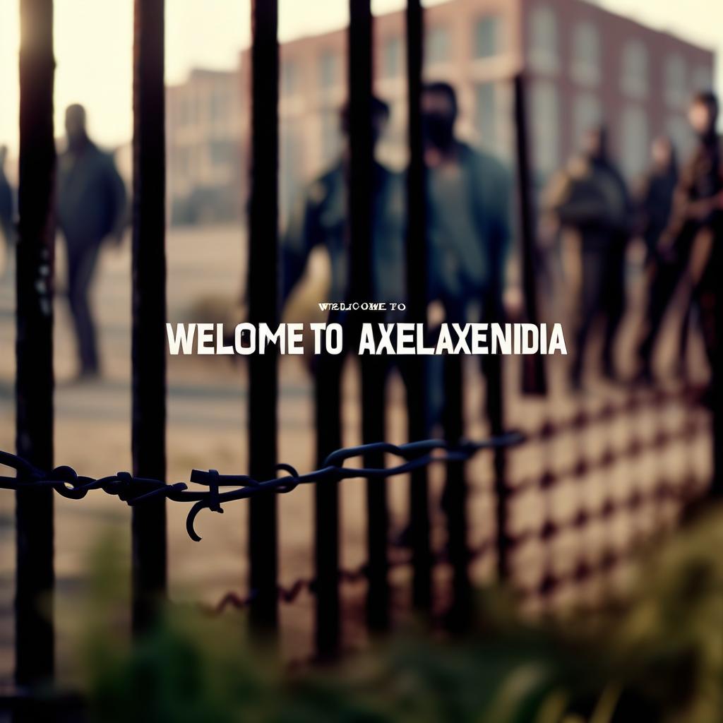  cinematic photo photo, high zombie fence, armed men, the inscription welcome to alexandria . 35mm photograph, film, bokeh, professional, 4k, highly detailed