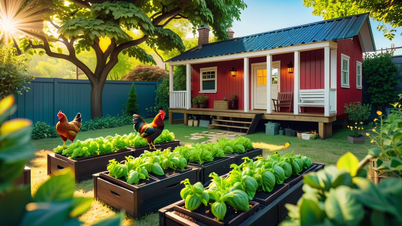  a vibrant urban homestead scene in texas, showcasing a small, lush garden with raised beds, chickens roaming freely, a cozy tiny house, and a variety of fruit trees under a bright blue sky. hyperrealistic, full body, detailed clothing, highly detailed, cinematic lighting, stunningly beautiful, intricate, sharp focus, f/1. 8, 85mm, (centered image composition), (professionally color graded), ((bright soft diffused light)), volumetric fog, trending on instagram, trending on tumblr, HDR 4K, 8K