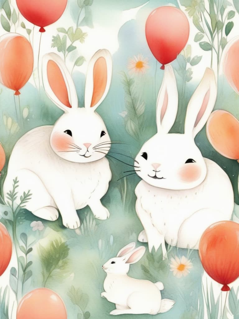  masterpiece,(((two wild rabbits))),lovers,big red balloon🎈,carrots,smiles,good friends,fairy tale style,crayon drawing,gentle colors,delicate,detailed,